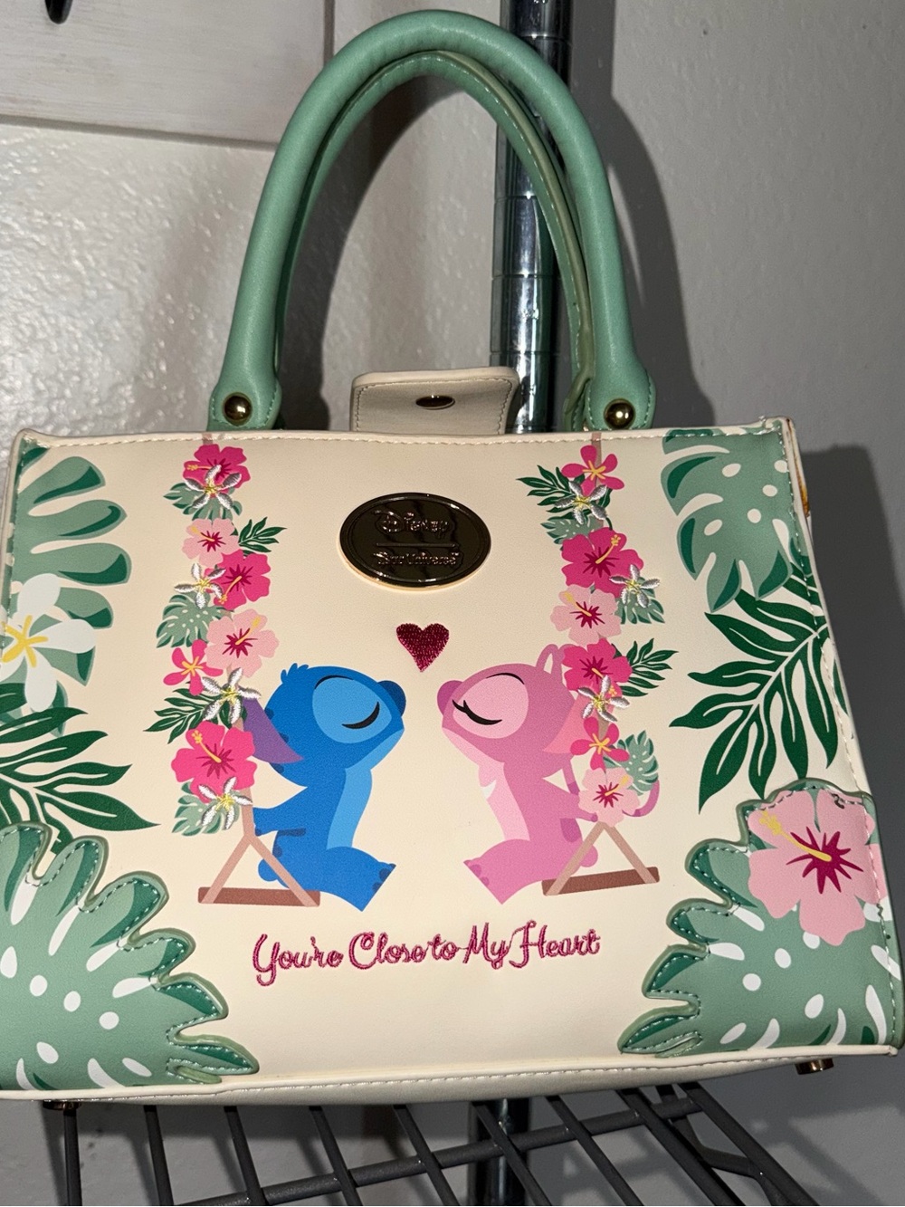 Loungefly Cream Mini Bag with Pink & Blue Characters and Mint Handles